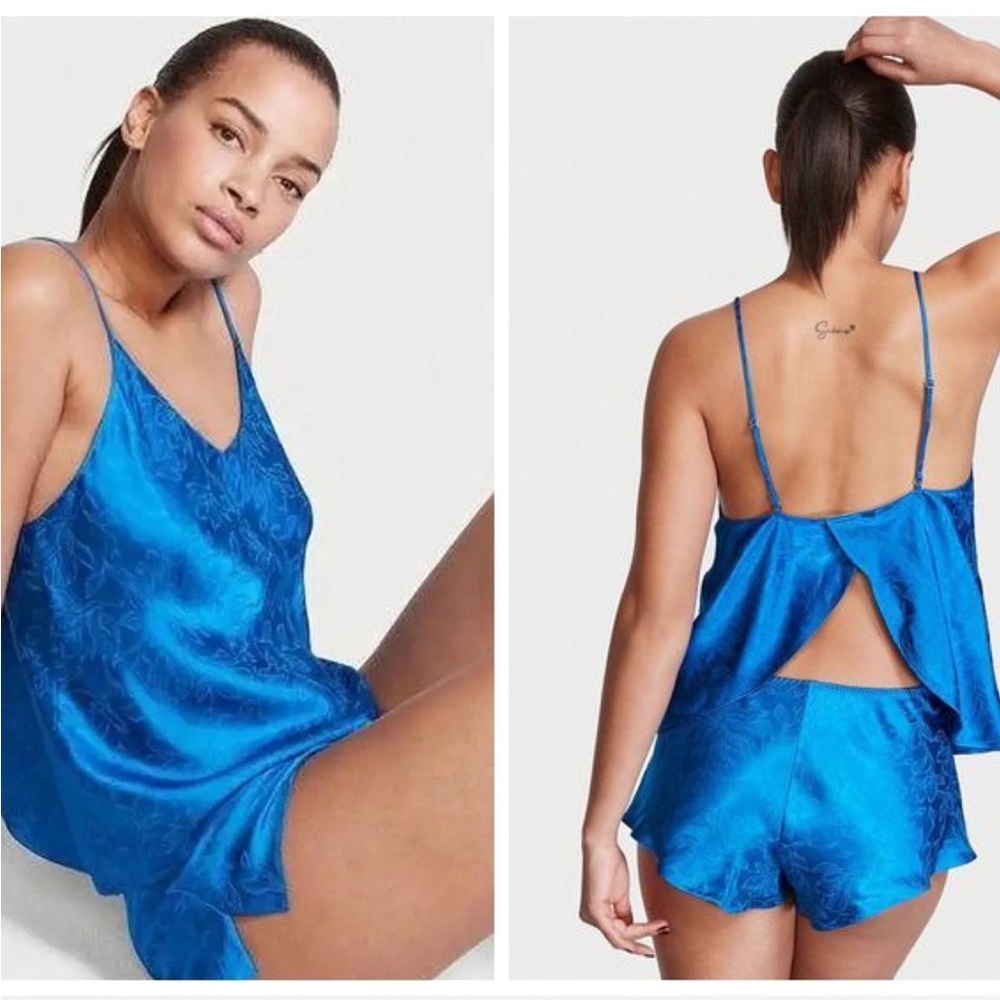 Victoria’s Secret Blue Draped Back Jacquard Satin Cami Shorts Pajama Set Large